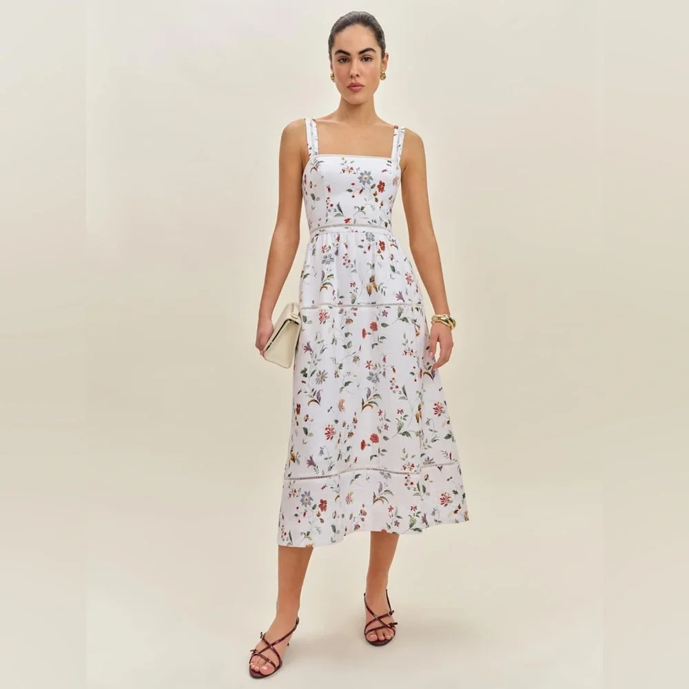 NWOT Reformation Everett Linen Dress in Corsini Floral White Midi Dress